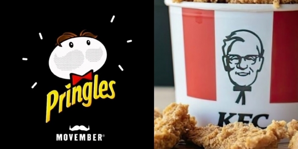 'Movember' 캠페인을 위해 콧수염을 없앤 프링글스(좌)와 KFC의 대표 마스코트. ⓒ각사